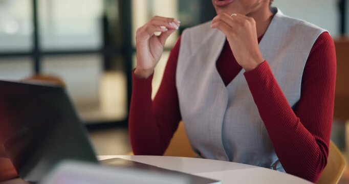 Hands, laptop and video call at office with consultation, insight or discussion at insurance computer. Person, broker or consultant with pc, virtual meeting and feedback at risk management agency