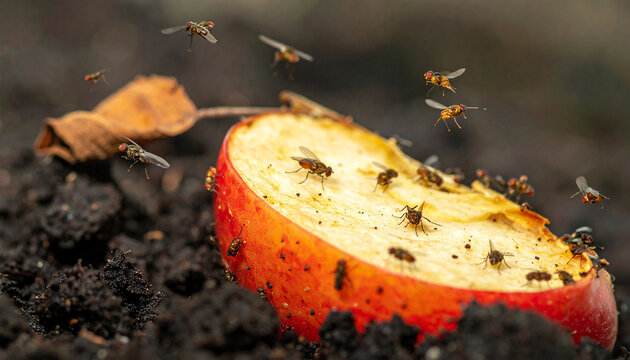 Flies Swarming Over Rotting Apple Slice: A close-up view captures a swarm of tiny flies buzzing around a decaying slice of apple, resting on dark, moist soil.