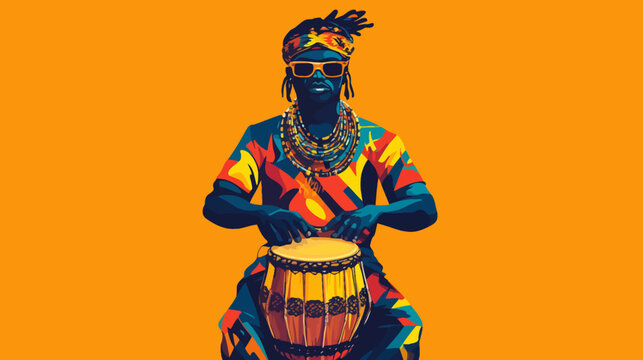 Vibrant digital artwork of a man playing a drum with colorful attire