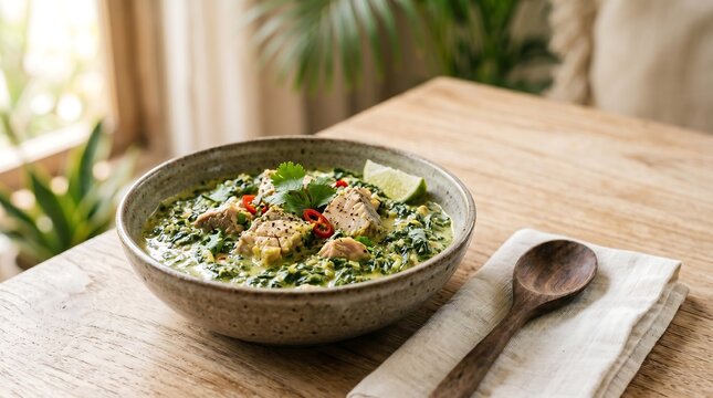 Comorian Mataba, finely chopped cassava leaves cooked in creamy coconut milk with fresh fish pieces and aromatic spices