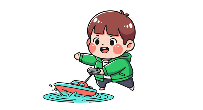 Happy cartoon boy playing with toy boat in puddle.
