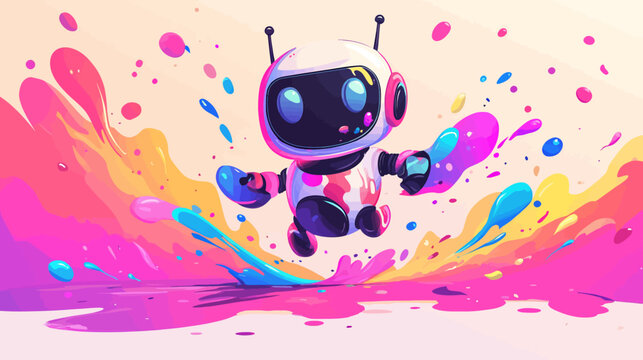Cute robot bouncing on splash of colorful paint with splashes