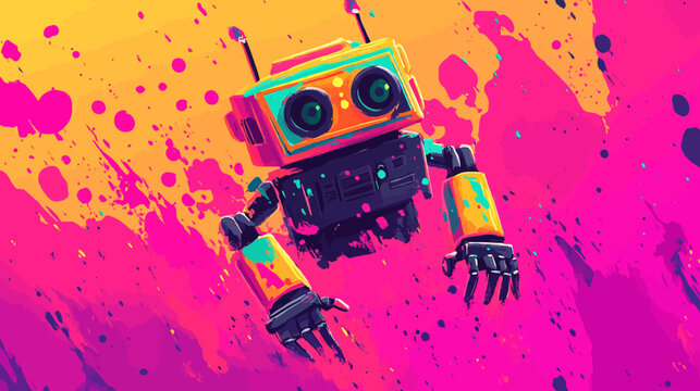 Bright, colorful robot with large eyes and articulated limbs amid vibrant splashes