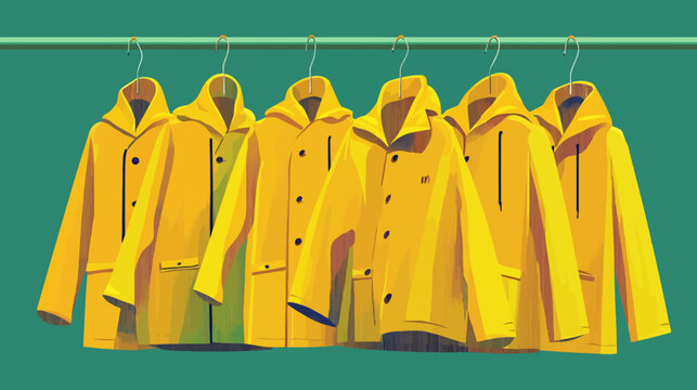 Bright yellow rain jackets hanging on a clothing rack against a teal background