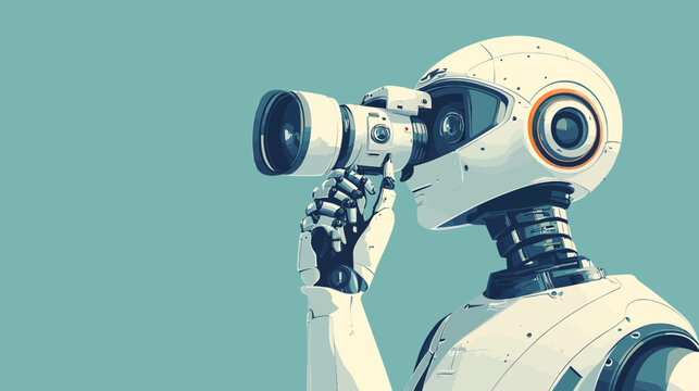 Futuristic robot looking through a telescope, observing space
