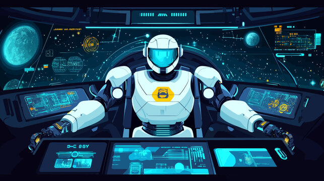 Futuristic astronaut operating spaceship controls in space cockpit