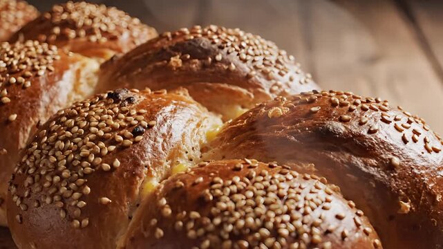 Closeup of a Deliciously Braided Challah Bread Topped with Sesame Seeds.