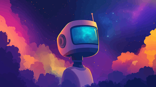 Futuristic astronaut helmet floating in colorful cosmic sky