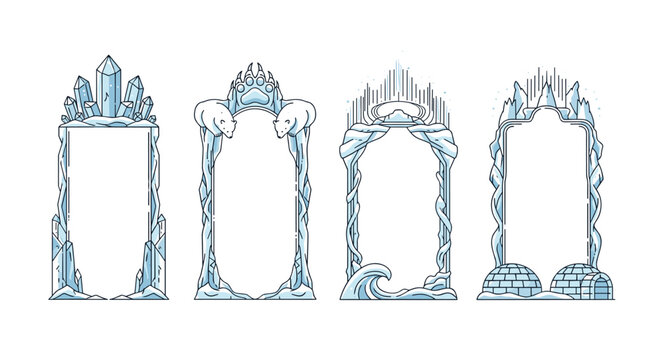 set of four ornate frames, arch shapes with icicle elements, decorative borders, winter theme, isolated on white background