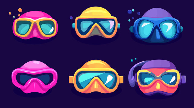 Vibrant cartoon scuba masks set with various colors on dark background