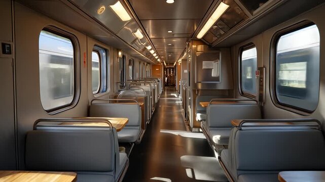 Empty Train Carriage: An empty train carriage interior, showing rows of seats and tables bathed in natural light, offering a sense of quiet journey and contemplation.