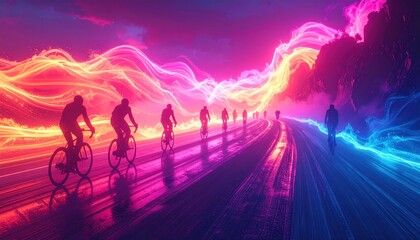 Fototapeta premium Cyclists silhouetted on road amid glowing, colorful wave-like energy