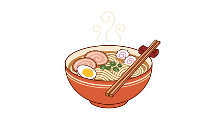 Fototapeta premium Vector illustration of a bowl of japanese ramen noodle soup with chopsticks, egg, pork chashu, and narutomaki fish cake