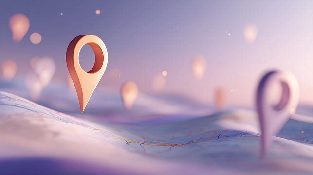 Geo-Location Icons: A collection of abstract 3D map pin icons scattered across a soft, pastel-colored landscape, symbolizing navigation and destination planning.