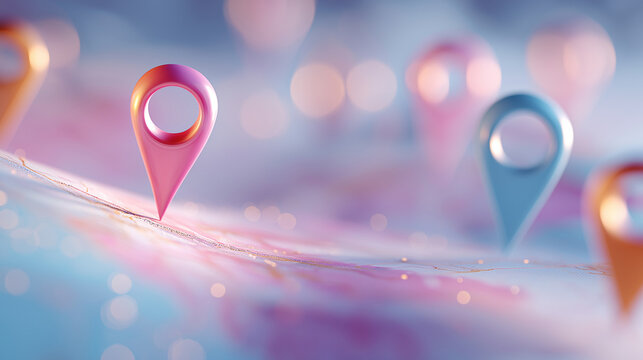 Digital Navigation Icons: Abstract scene featuring colorful location pins scattered across a blurred, ethereal background, suggesting a digital map or navigation system.