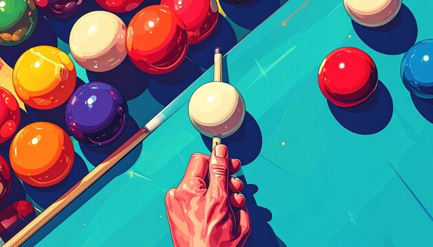 Close-up of a hand aiming the cue on a pool table amidst colorful balls