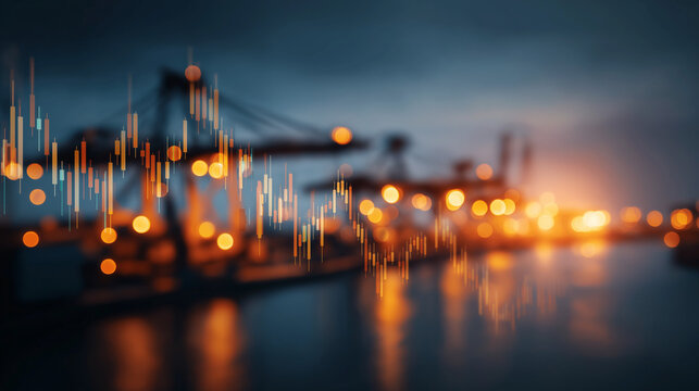 Port Industry at Dusk: Industrial cranes loom large in a port at dusk, illuminated by warm lights, with financial stock market data overlaid on the scene, suggesting global trade and commerce.