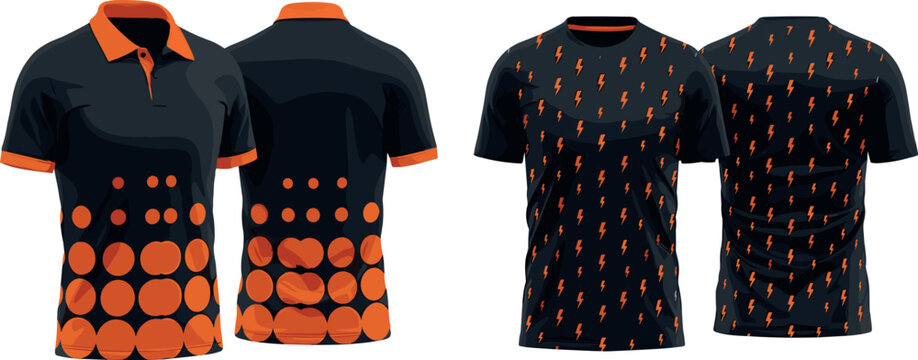 Black and Orange Sports Jersey Polo and T-Shirt Uniform Mockup Design with Bold Geometric Pattern for Teams