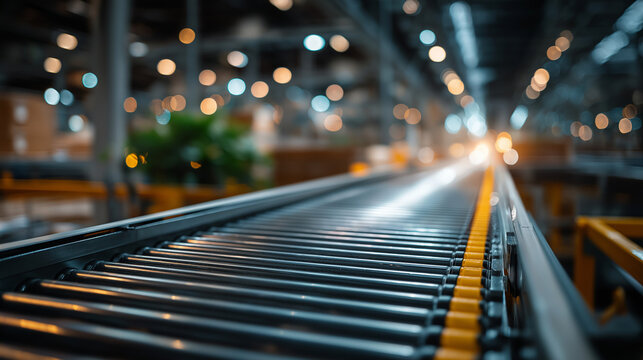 Automated Warehouse Conveyor System: A long, empty industrial conveyor belt system stretches into the distance, illuminated by the warm glow of factory lights.