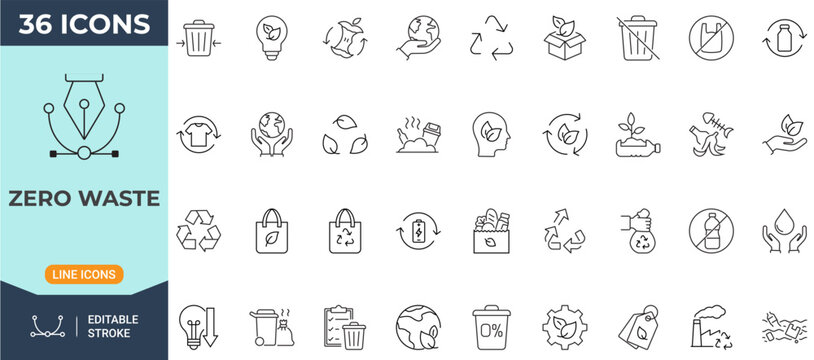 Zero waste icon set. Modern icon in outline style. Collection of recycle, eco bag, sustainability, reusable products, and environmental symbols. Editable stroke. Vector icon collection.