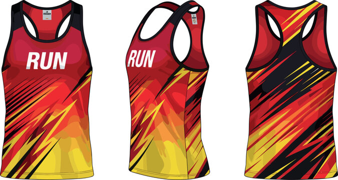 Red Yellow Black Running Vest Tank Top Jersey Mockup with Bold Graphic Pattern Front Side and Back View Sports Uniform