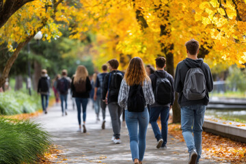 Obraz premium Backpack student campus autumn walkway tree back to school, students with backpack walking along campus walkway autumn tree, fall foliage