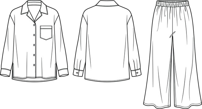 White Pajama Set Mockup Template with Long Sleeve Button Up Shirt and Wide Leg Pants Front and Back View Outline Vector Illustration Design