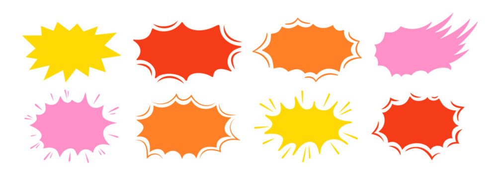 Comic explosion speech bubble silhouette set. Cartoon bomb blast, boom bang effects, dynamic burst rays, fire cloud and doodle pop art puff shapes. Vector illustration isolated