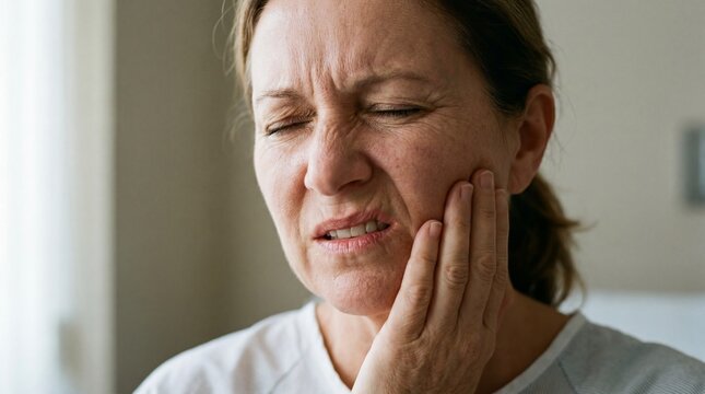 A woman winces in pain, clutching her jaw in a close-up portrait that evokes a feeling of distress and discomfort, highlighting a common ailment.