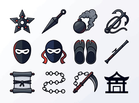 Japanese Ninja Weapons and Equipment Icon Set: Shuriken, Kunai, Mask, Scroll, and Shinobi Gear Vector Illustrations