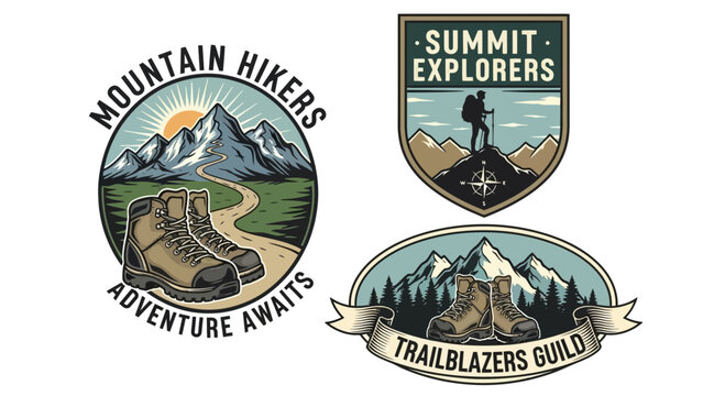Set of Vintage Mountain Hiking and Adventure Badges