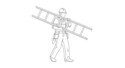 Obraz premium Construction worker carrying ladder on shoulder, safety helmet, workwear, illustration