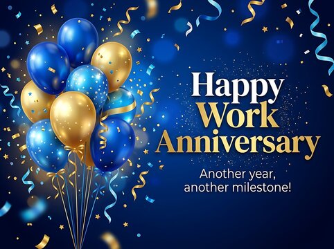 Happy work anniversary celebration background with blue and gold balloons