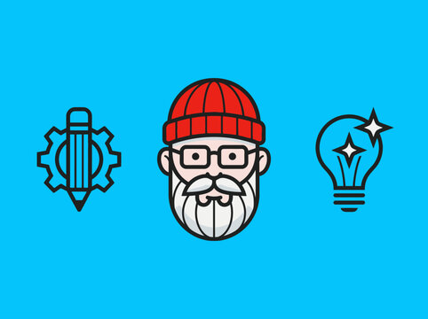 Creative Design Process Illustration with Bearded Avatar, Pencil Gear and Lightbulb Icon