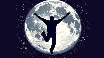 Fototapeta premium Silhouette of person joyfully jumping before bright full moon in night sky