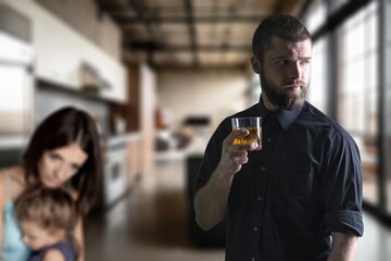 Obraz premium Despaired woman beaten by angry drunk man.