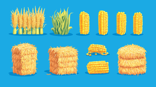 Illustration of wheat, corn, and hay bales on blue background