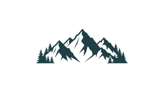 Detailed mountain peak silhouette with dense pine tree forest.