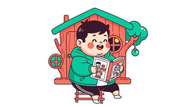 Happy boy reading comic book in colorful treehouse setting.