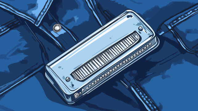 Close-up of a metallic harmonica resting on a denim jacket