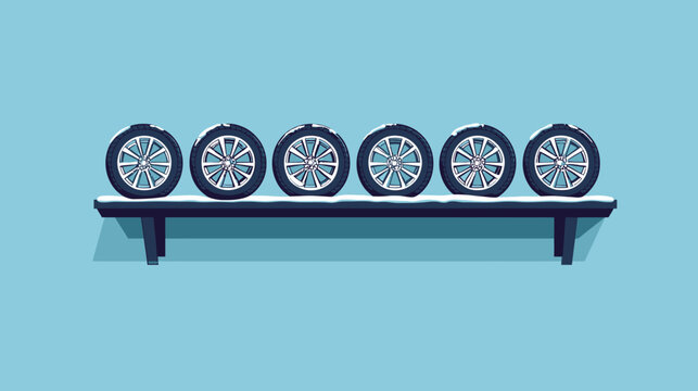 Six car wheels on a snow-covered platform against a blue background