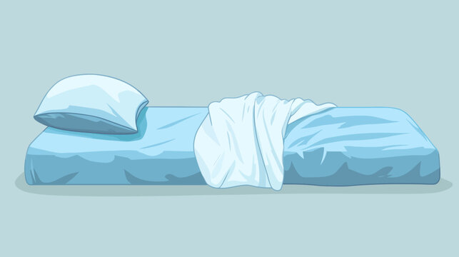 Simple illustration of a single bed with pillow, blanket, on light blue background