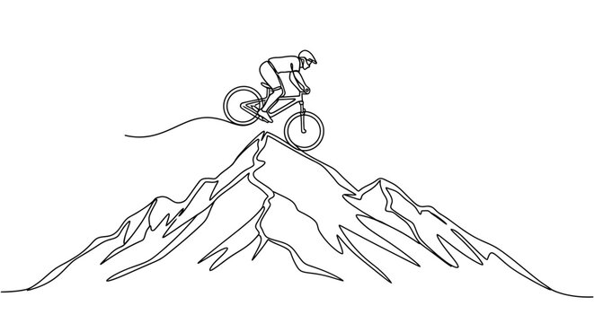 Mountain biker riding downhill on a rocky mountain peak, continuous line drawing