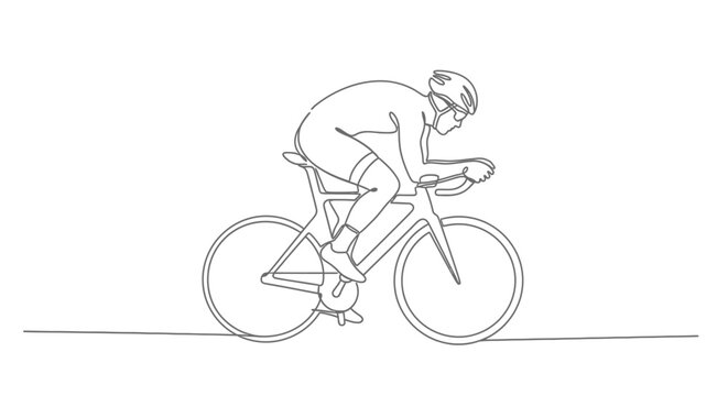Cyclist in aerodynamic pose on road bike, continuous line drawing, minimalist style