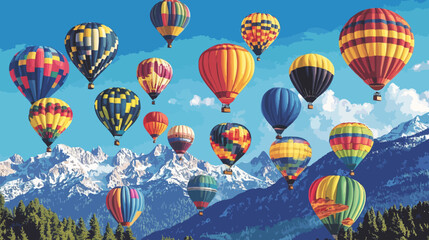 Obraz premium Colorful hot air balloons soar over snow-capped mountains and forest