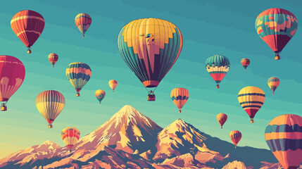Naklejka premium Colorful hot air balloons float over snow-capped mountains under a bright sky