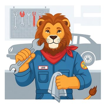 Cartoon lion wearing overalls and a red scarf holds a wrench in a garage setting, car blurred in background, tools on a wall