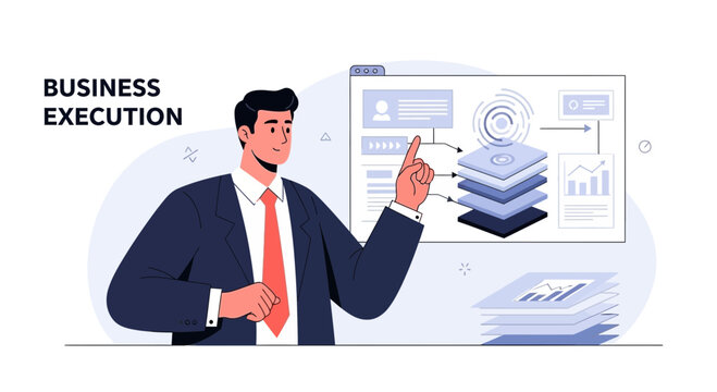Businessman executing strategy and analyzing data with graphs on screen