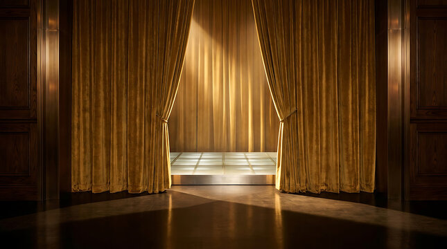 Sophisticated Theater Stage with Luxurious Golden Curtains & Warm Wooden Floor Lighting