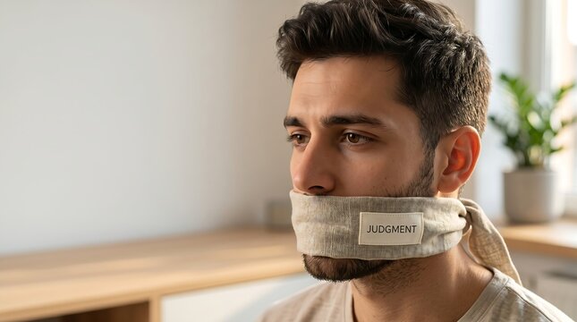Man with taped mouth labeled judgment concept of censorship